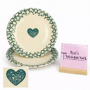 Tienshan Folk Craft HEART Stoneware Green Sponge Border Dinner Plate Set of 2